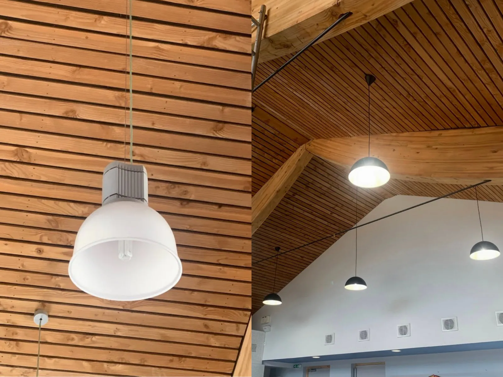 F&oslash;r/efter-billede af taget p&aring; et r&aring;dhus med LED-pendellamper